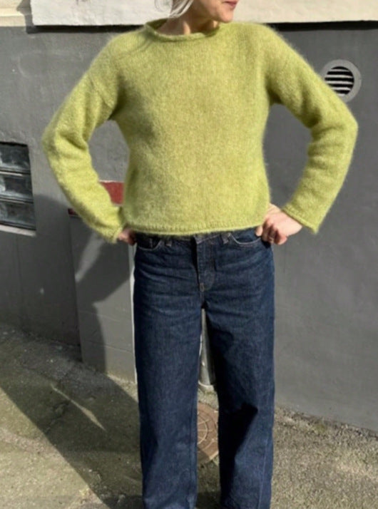 Fuzzy Brushed Knit Mock Neck Cropped Sweater - Green - 3