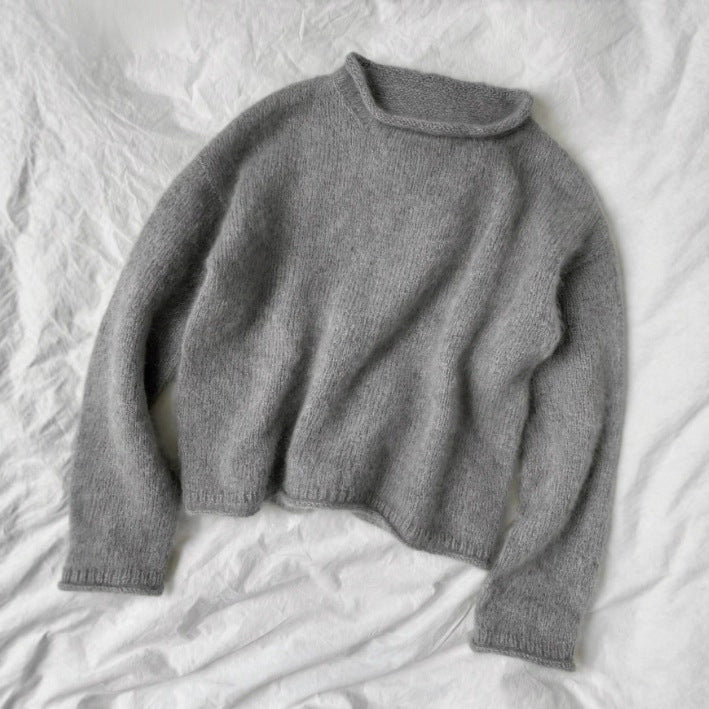 Fuzzy Brushed Knit Mock Neck Cropped Sweater - Grey
