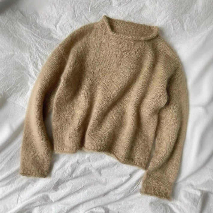 Fuzzy Brushed Knit Mock Neck Cropped Sweater - Khaki