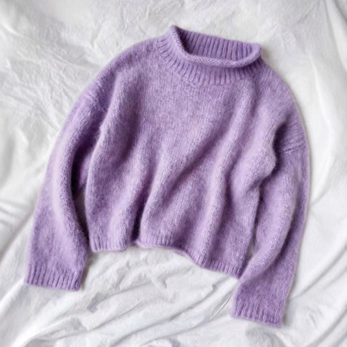 Fuzzy Brushed Knit Mock Neck Cropped Sweater - Purple