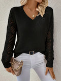 Openwork Lattice Sleeve V Neck Knit Top - Black