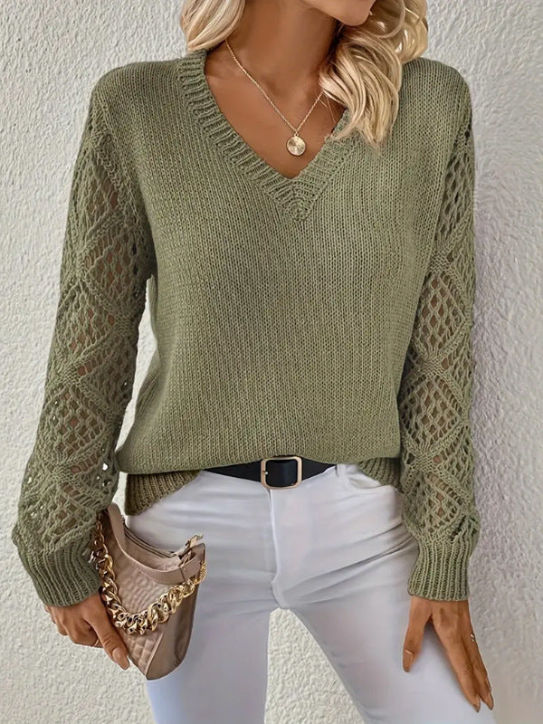 Openwork Lattice Sleeve V Neck Knit Top - Green - 1