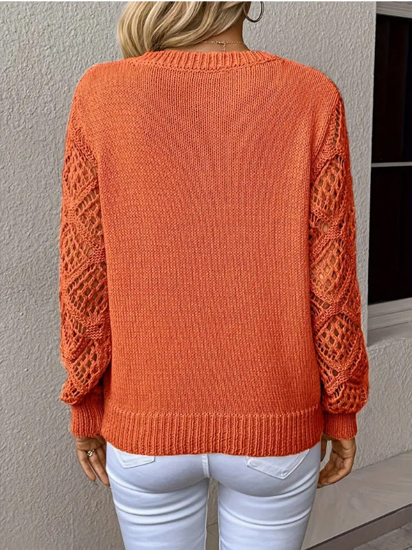 Openwork Lattice Sleeve V Neck Knit Top - Orange - 1