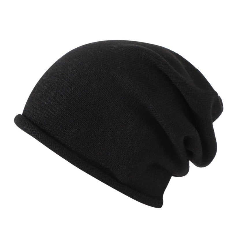 Slouchy Rolled Edge Knit Beanie - Black