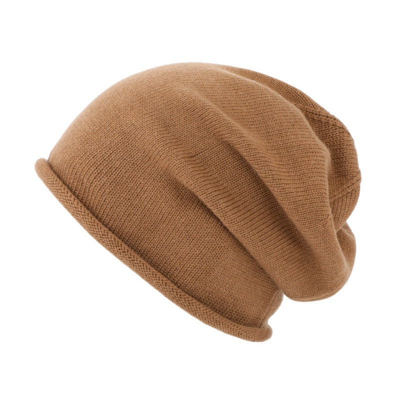Slouchy Rolled Edge Knit Beanie - Brown