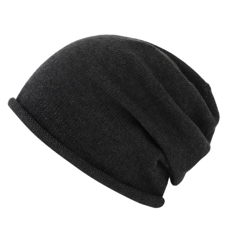Slouchy Rolled Edge Knit Beanie - Dark-Gray