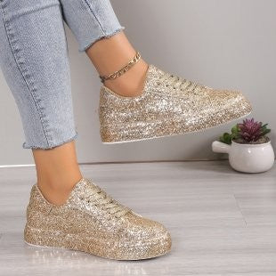 Sparkly Glitter Lace Up Sneakers - Gold