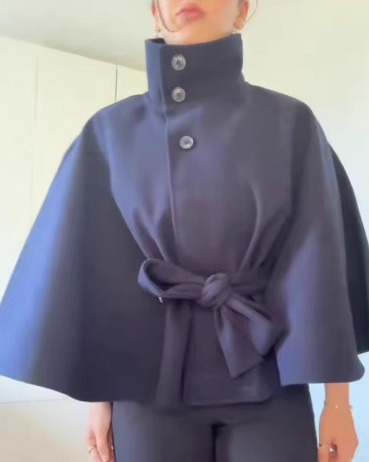 Stand Collar Cape Jacket With Tie Waist - Dark-Blue