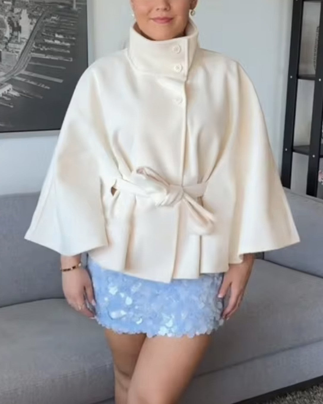 Stand Collar Cape Jacket With Tie Waist - White
