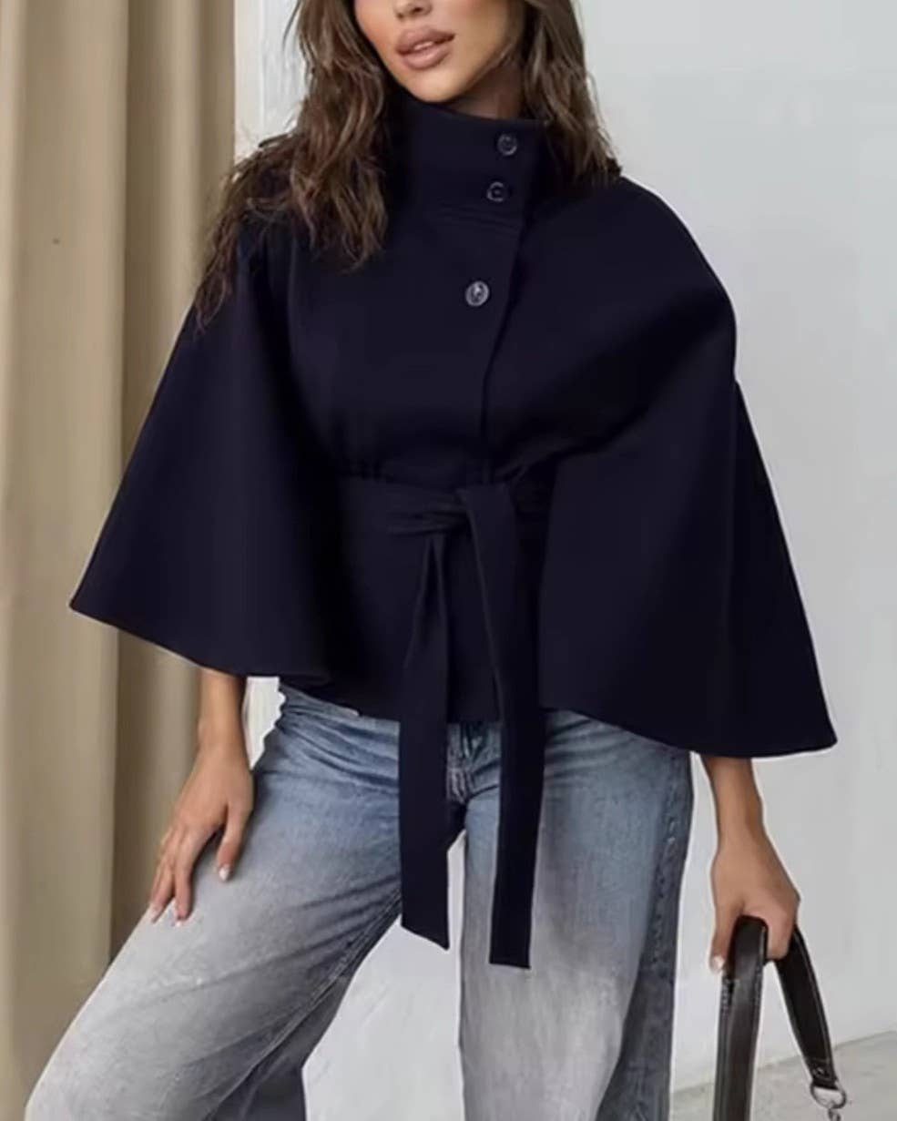 Stand Collar Cape Jacket With Tie Waist