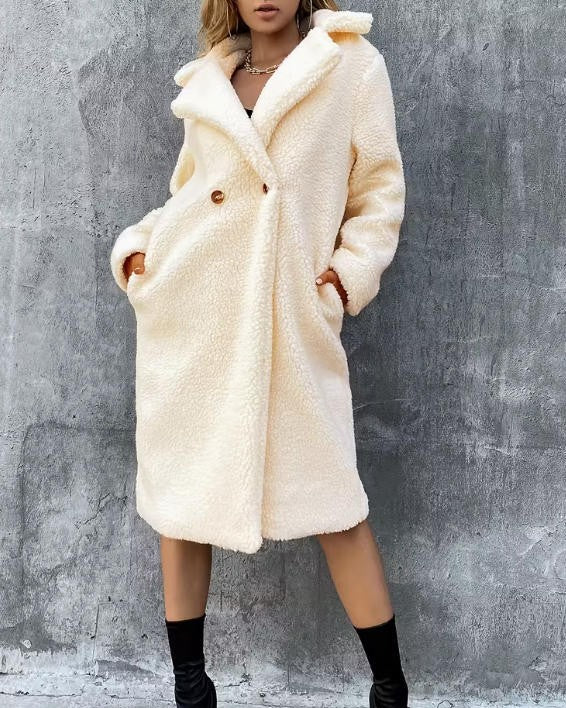 Teddy Faux Fur Longline Lapel Coat - Off-White - 1