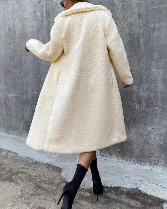 Teddy Faux Fur Longline Lapel Coat - Off-White - 3