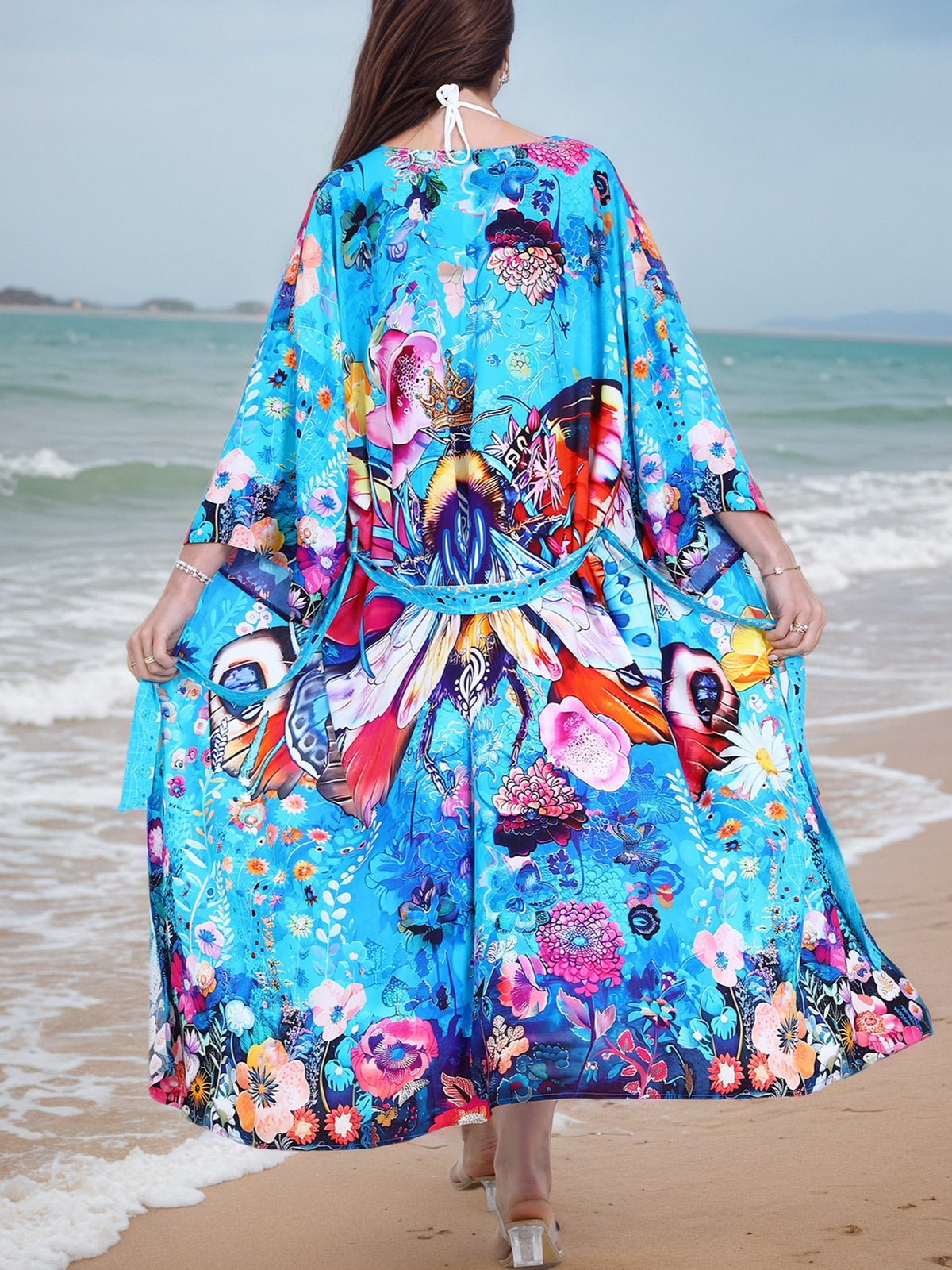 Floral Print Long Kimono Robe - Bees