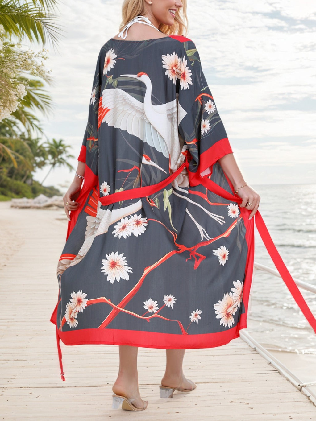 Floral Print Long Kimono Robe - Black
