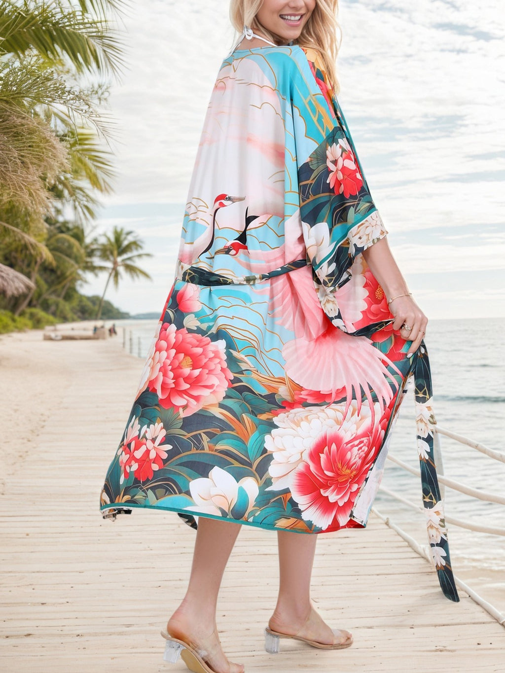 Floral Print Long Kimono Robe - Blue