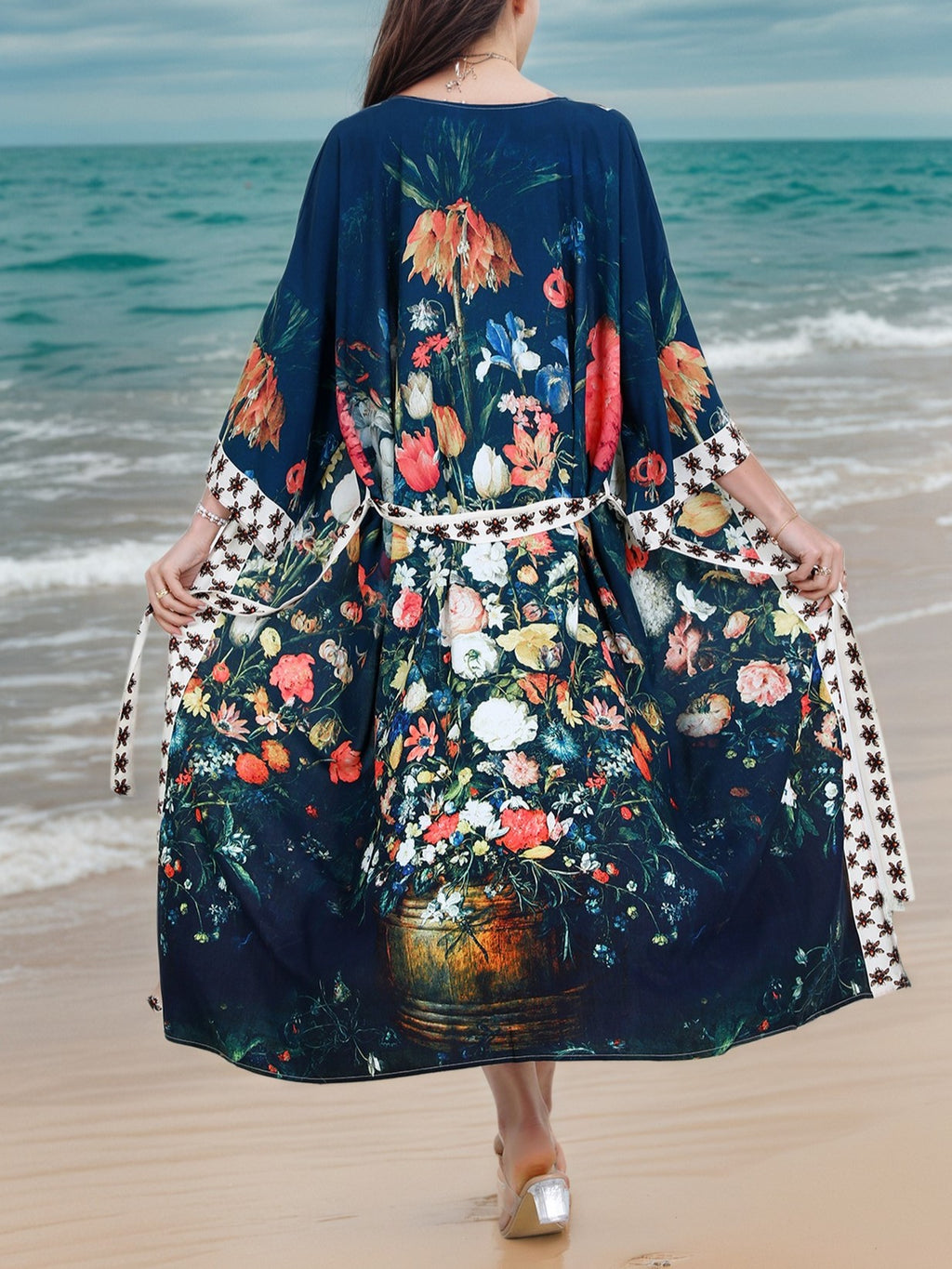 Floral Print Long Kimono Robe - Flowers
