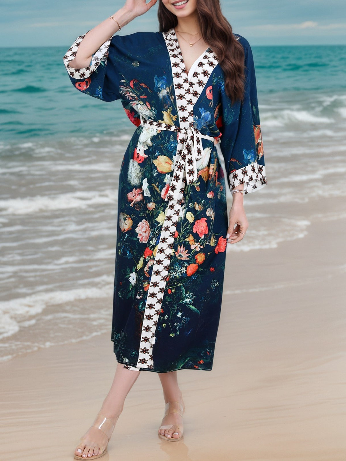 Floral Print Long Kimono Robe - Flowers - 1