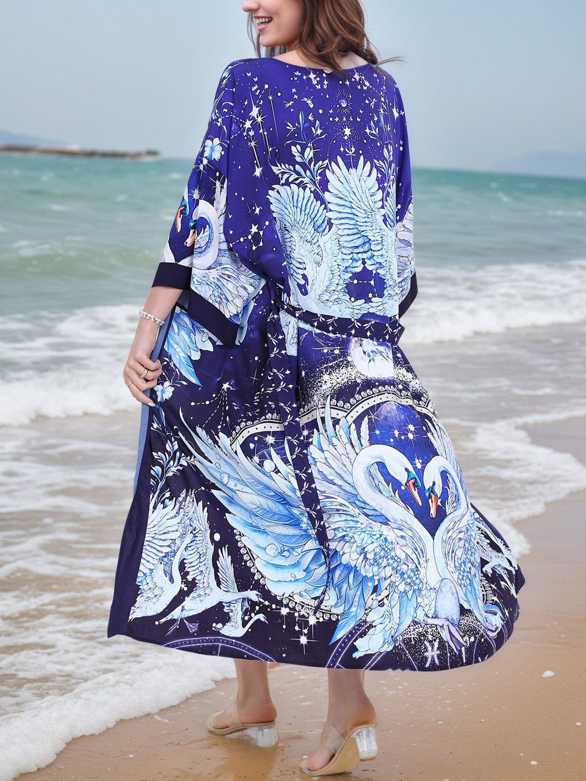 Floral Print Long Kimono Robe - Swan