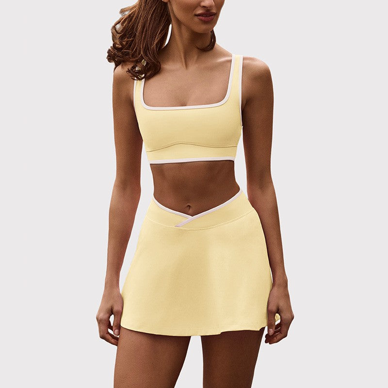 Contrast Trim Bra and Crossover Waist Tennis Skort Set - Butter Yellow