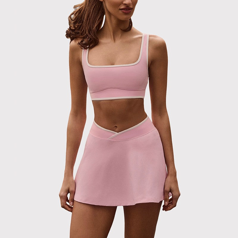 Contrast Trim Bra and Crossover Waist Tennis Skort Set
