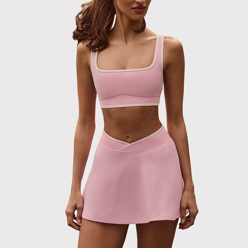 Contrast Trim Bra and Crossover Waist Tennis Skort Set