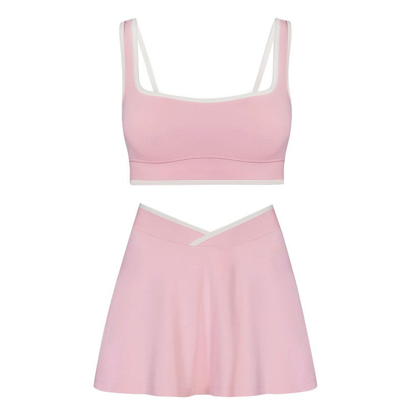 Contrast Trim Bra and Crossover Waist Tennis Skort Set