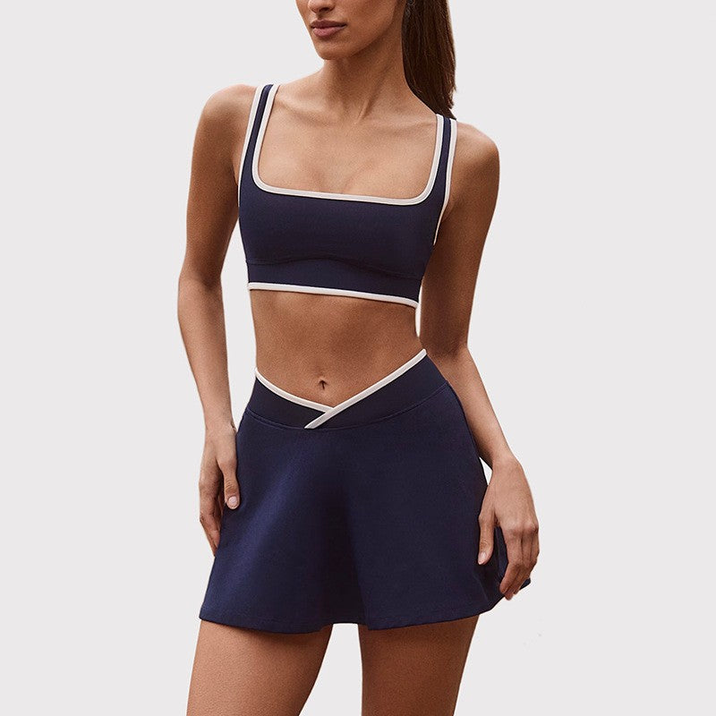 Contrast Trim Bra and Crossover Waist Tennis Skort Set