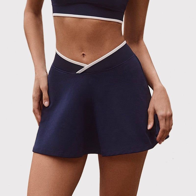 Contrast Trim Bra and Crossover Waist Tennis Skort Set