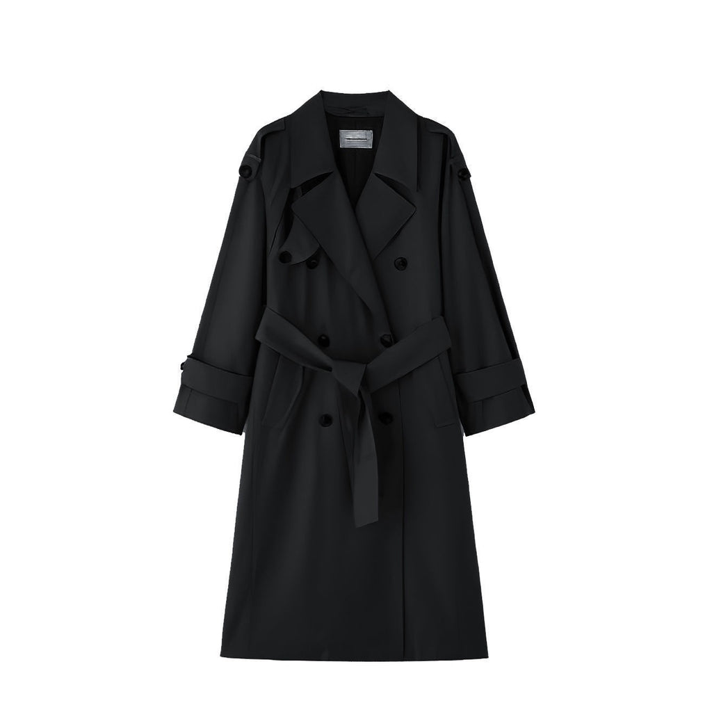 Oversized Double Breasted Belted Longline Trench Coat - Black