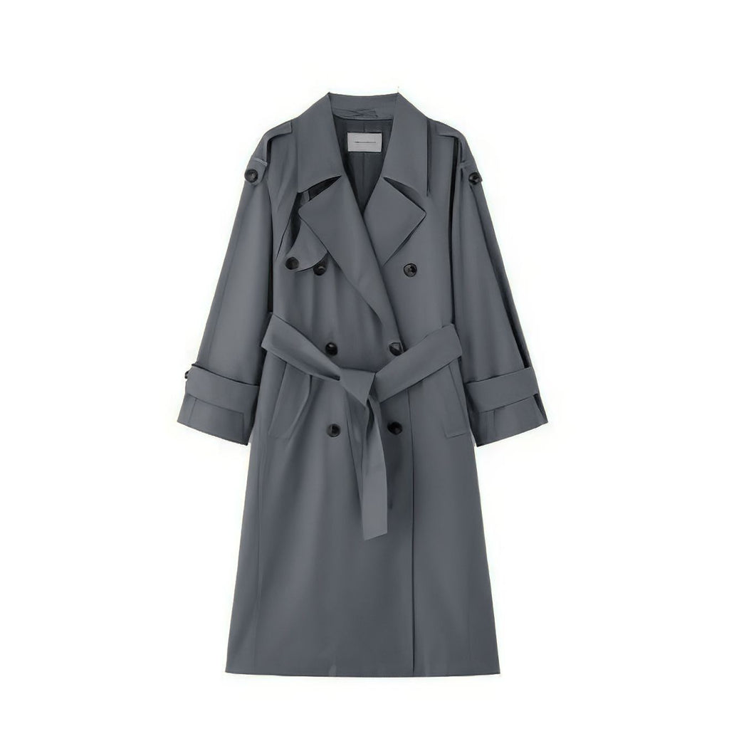 Oversized Double Breasted Belted Longline Trench Coat - Slate Grey