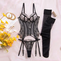 Floral Embroidered Sheer Mesh Boned Corset Garter Set - Black