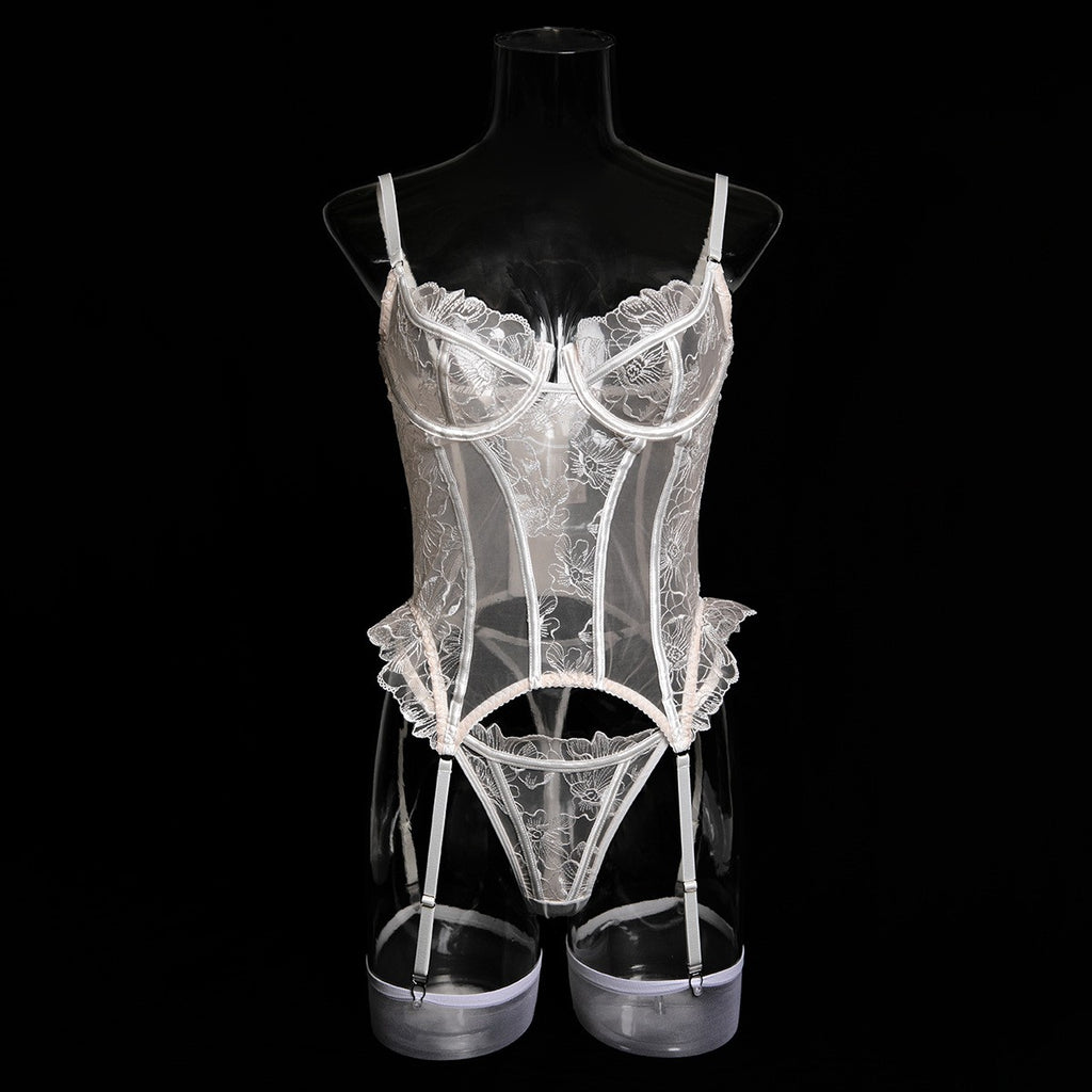 Floral Embroidered Sheer Mesh Boned Corset Garter Set