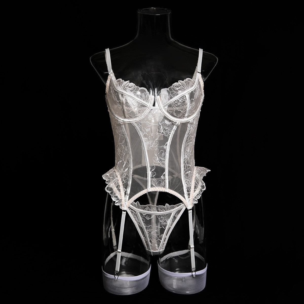 Floral Embroidered Sheer Mesh Boned Corset Garter Set