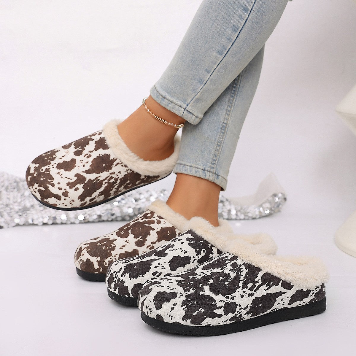 Cow Print Faux Fur Lined Clog Slippers