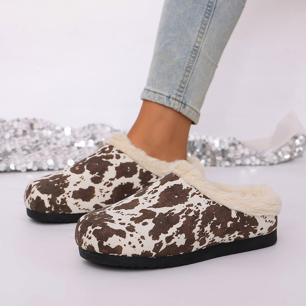 Cow Print Faux Fur Lined Clog Slippers