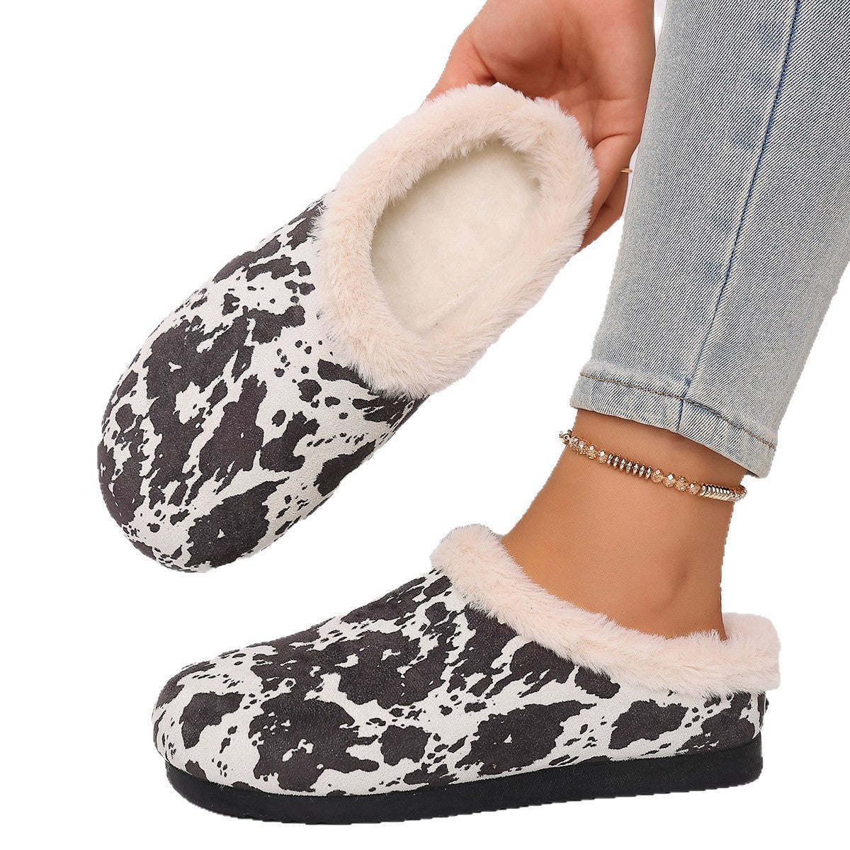 Cow Print Faux Fur Lined Clog Slippers