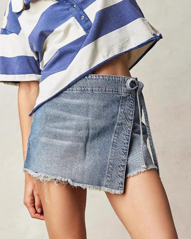 Asymmetric Hem Denim Skort Shorts - Light-Blue