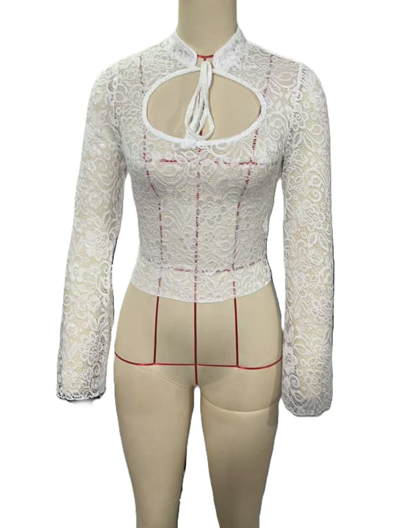 Sheer Lace Keyhole Bell Sleeve Blouse - White - 1