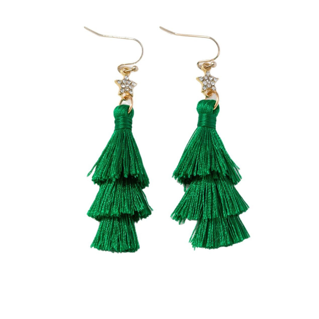 Layered Tassel Christmas Tree Earrings - Green
