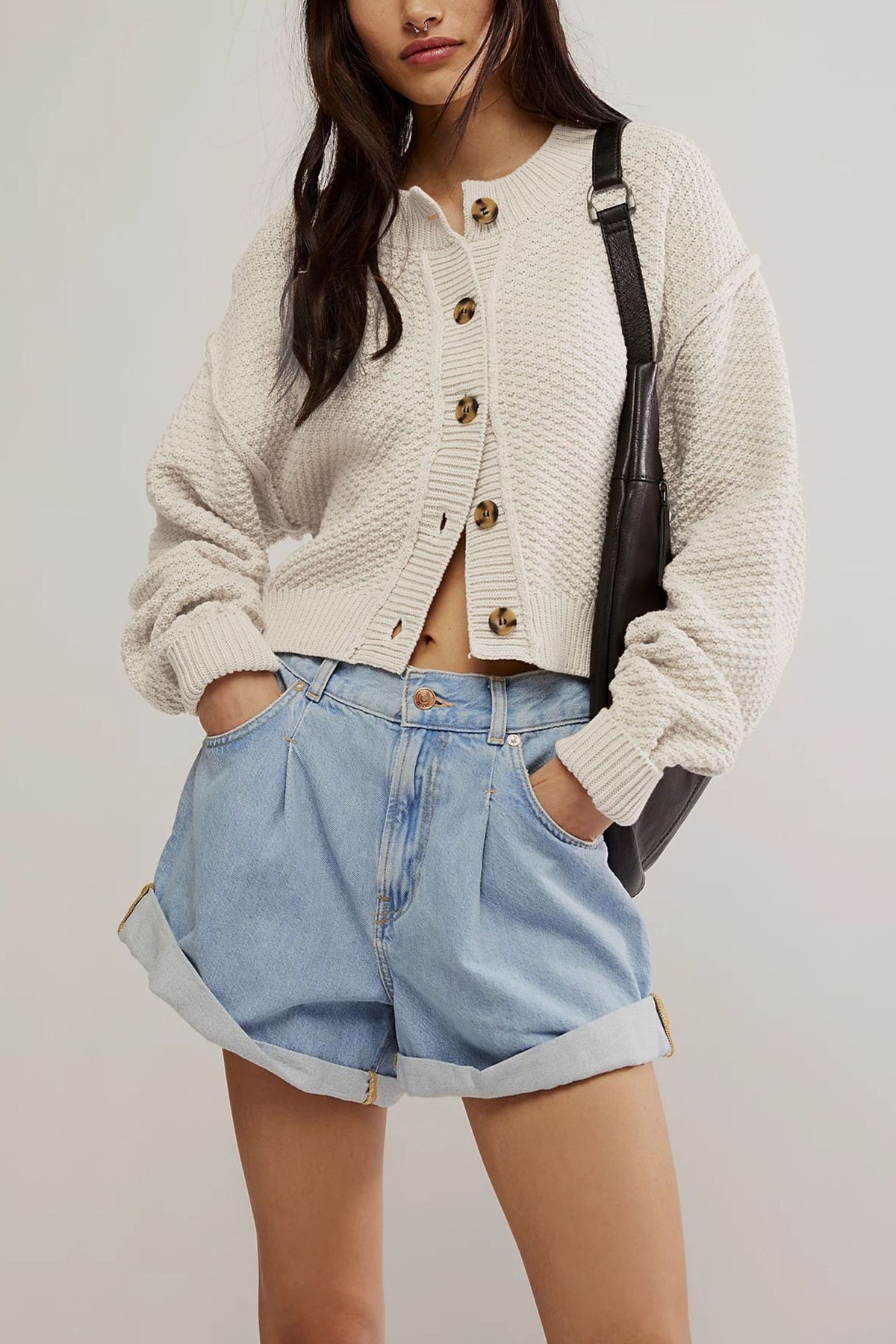 Waffle Texture Button Front Cropped Cardigan - Beige