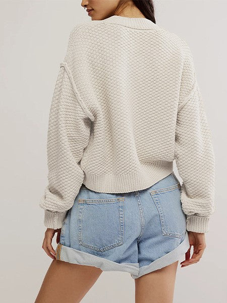 Waffle Texture Button Front Cropped Cardigan - Beige - 1