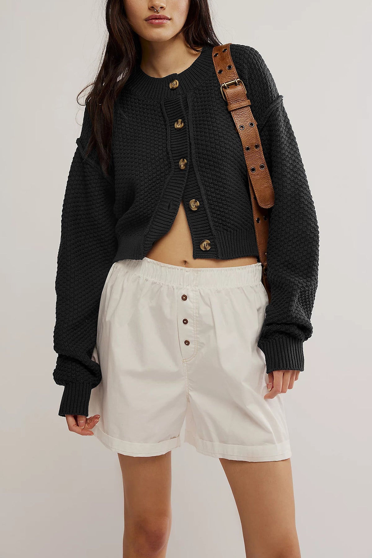 Waffle Texture Button Front Cropped Cardigan - Black