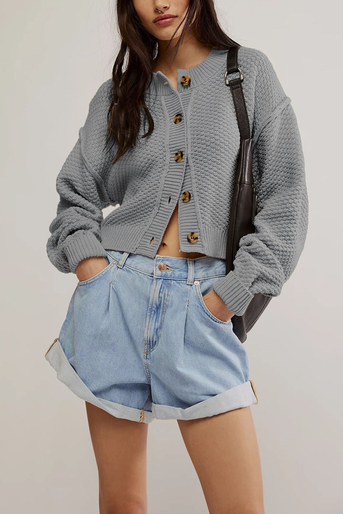 Waffle Texture Button Front Cropped Cardigan - Grey