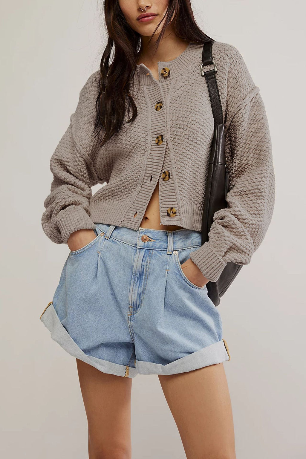 Waffle Texture Button Front Cropped Cardigan - LTTaupe
