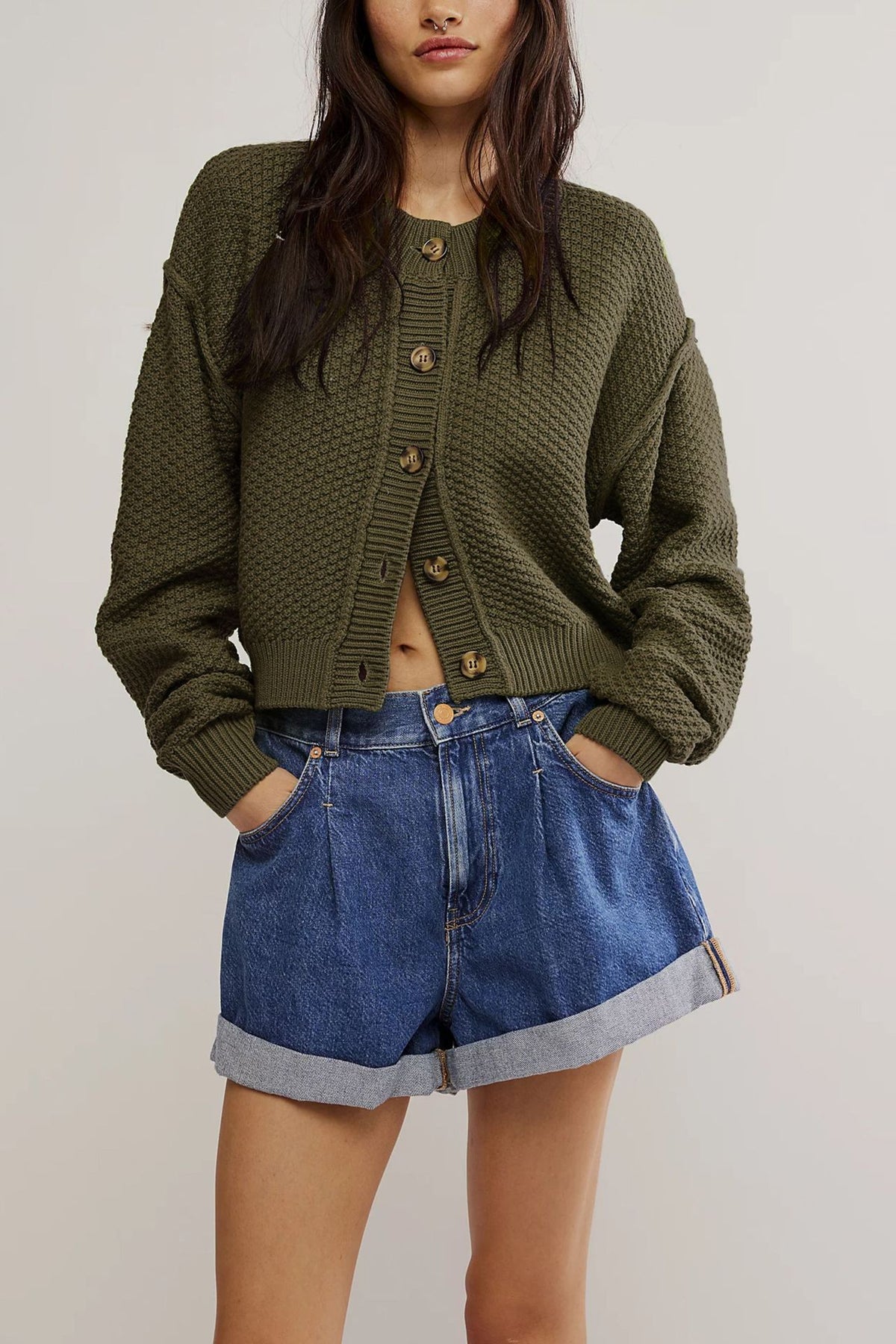 Waffle Texture Button Front Cropped Cardigan - Olive
