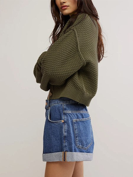 Waffle Texture Button Front Cropped Cardigan - Olive - 1