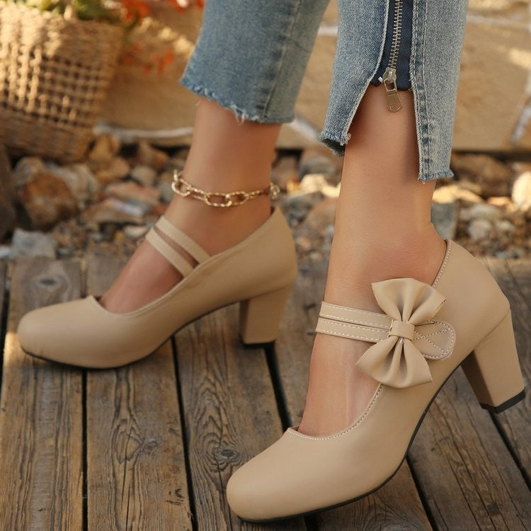 Bow Strap Chunky Heel Mary Jane Pumps