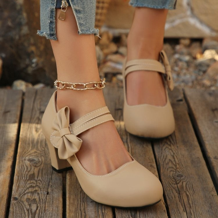 Bow Strap Chunky Heel Mary Jane Pumps