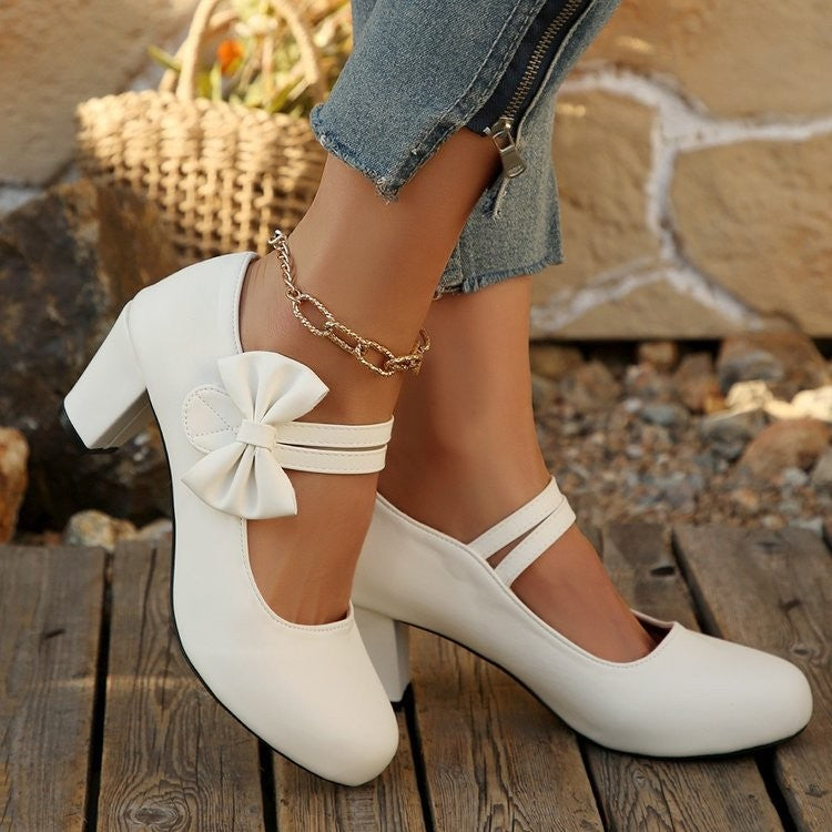 Bow Strap Chunky Heel Mary Jane Pumps