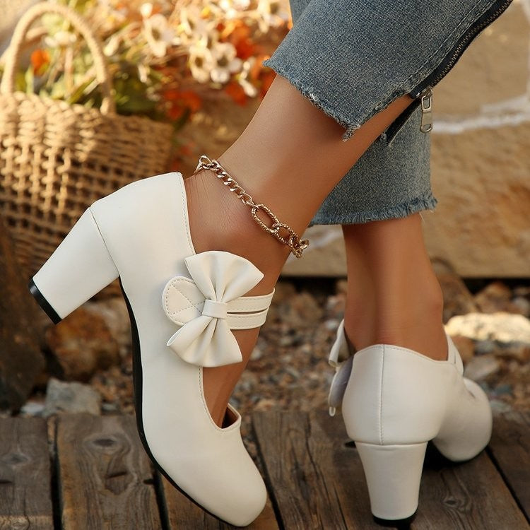 Bow Strap Chunky Heel Mary Jane Pumps